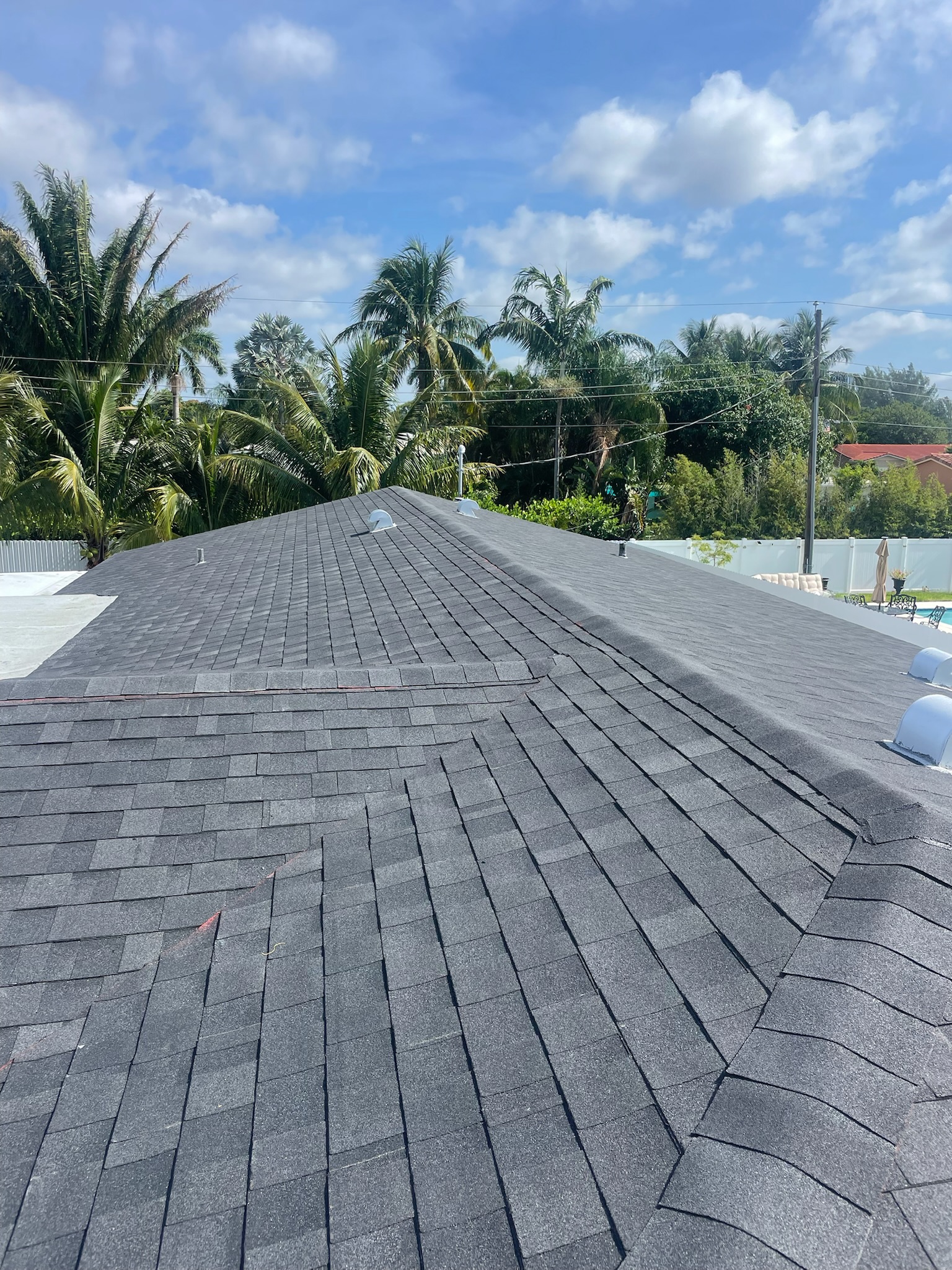 Gray asphalt shingle roof with ridge caps and palm trees in the background