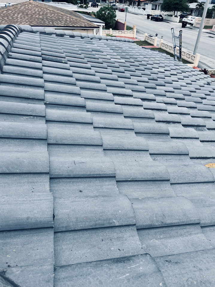 Close view of gray curved roof tiles